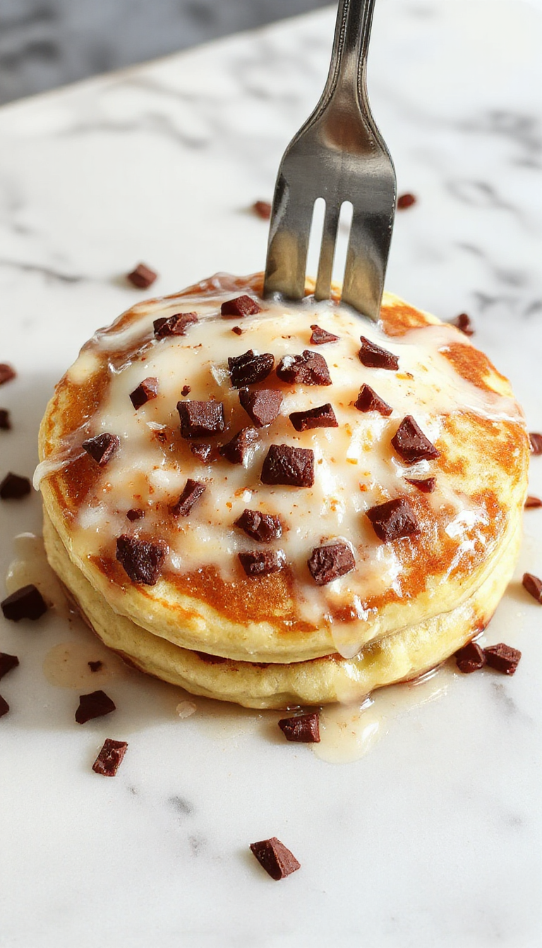 A stack of fluffy coconut cream pancakes topped with a generous dollop of coconut cream and garnished with shredded coconut and fresh berries on a white plate. The pancakes have golden edges and a soft, airy texture, with the coconut cream melting slightly over the top.