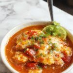 Plato de enchilada de pollo en una olla de cerámica, con pollo desmenuzado cubierto con salsa roja brillante, queso fundido dorado, y adornado con cilantro fresco. La presentación muestra una porción servida en un plato con ingredientes visibles como tortillas, salsa y queso, con un ambiente cálido y acogedor que resalta la comodidad del platillo.