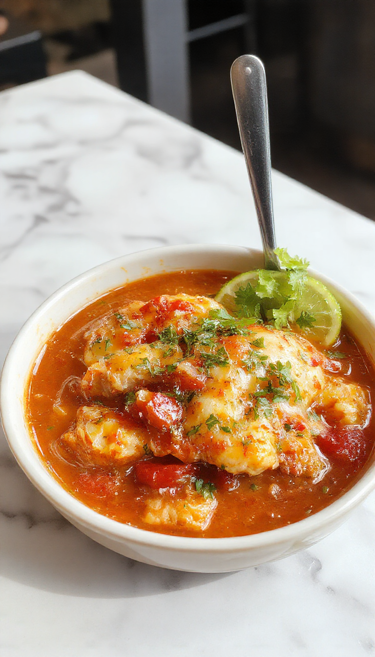 Plato de enchilada de pollo en una olla de cerámica, con pollo desmenuzado cubierto con salsa roja brillante, queso fundido dorado, y adornado con cilantro fresco. La presentación muestra una porción servida en un plato con ingredientes visibles como tortillas, salsa y queso, con un ambiente cálido y acogedor que resalta la comodidad del platillo.