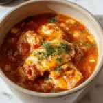Plato de pollo enchilado en una olla de cocción lenta, con pollo tierno cubierto de salsa roja brillante, queso fundido y guarniciones frescas como cilantro y cebolla picada, con un aspecto apetitoso y humeante, presentado en un plato blanco sobre una superficie de madera rústica.