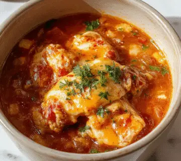 Plato de pollo enchilado en una olla de cocción lenta, con pollo tierno cubierto de salsa roja brillante, queso fundido y guarniciones frescas como cilantro y cebolla picada, con un aspecto apetitoso y humeante, presentado en un plato blanco sobre una superficie de madera rústica.