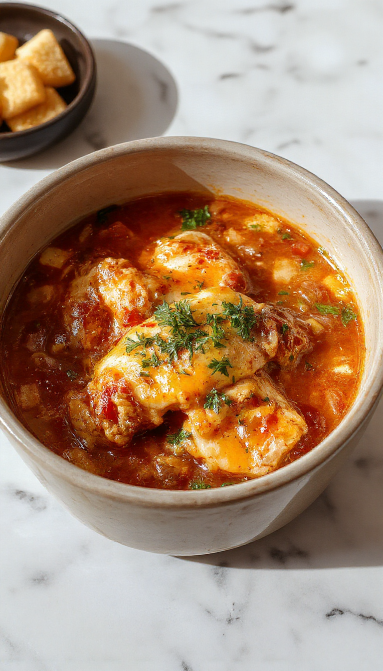 Plato de pollo enchilado en una olla de cocción lenta, con pollo tierno cubierto de salsa roja brillante, queso fundido y guarniciones frescas como cilantro y cebolla picada, con un aspecto apetitoso y humeante, presentado en un plato blanco sobre una superficie de madera rústica.
