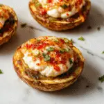 Plato de conchas rellenas de espinacas y ricotta, decorado con salsa ligera y queso gratinado en la parte superior, presentado en un plato blanco con fondo desenfocado que resalta los colores verde intenso de las espinacas, el blanco crema de la ricotta y el dorado del queso gratinado. La textura del relleno se aprecia cremosa y sujeta en la concha de pasta, creando una imagen apetitosa y reconfortante.