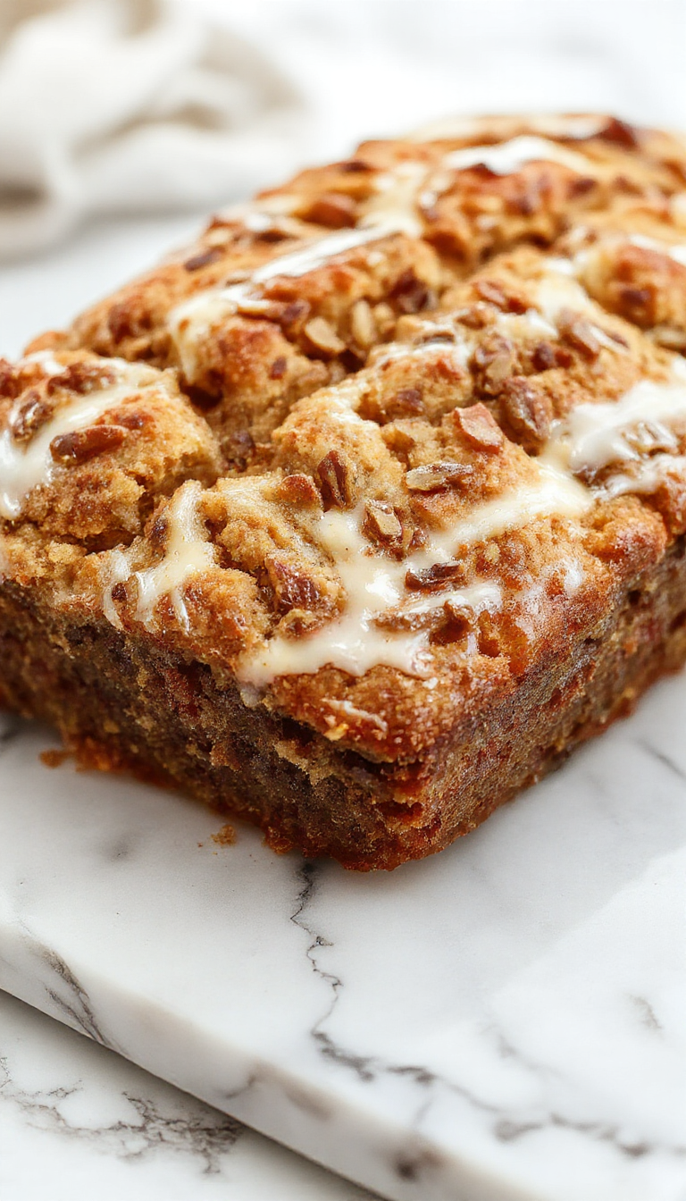 A rustic white plate holds a thick slice of moist banana bread with a golden-brown crust. The bread showcases a tender crumb dotted with banana chunks, with a slight glaze on top and a few banana slices as garnish. Soft natural lighting highlights the moist texture and inviting appearance, set against a neutral background for a cozy, homemade feel.