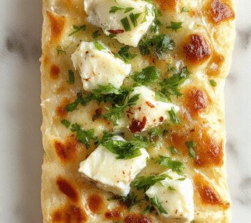 Golden-brown cottage cheese flatbread cut into triangular slices, showcasing its soft interior and slightly crispy crust. The flatbread is topped with a sprinkle of herbs and served on a rustic wooden board, with a side of fresh greens and a drizzle of olive oil, inviting a wholesome and appetizing appearance.