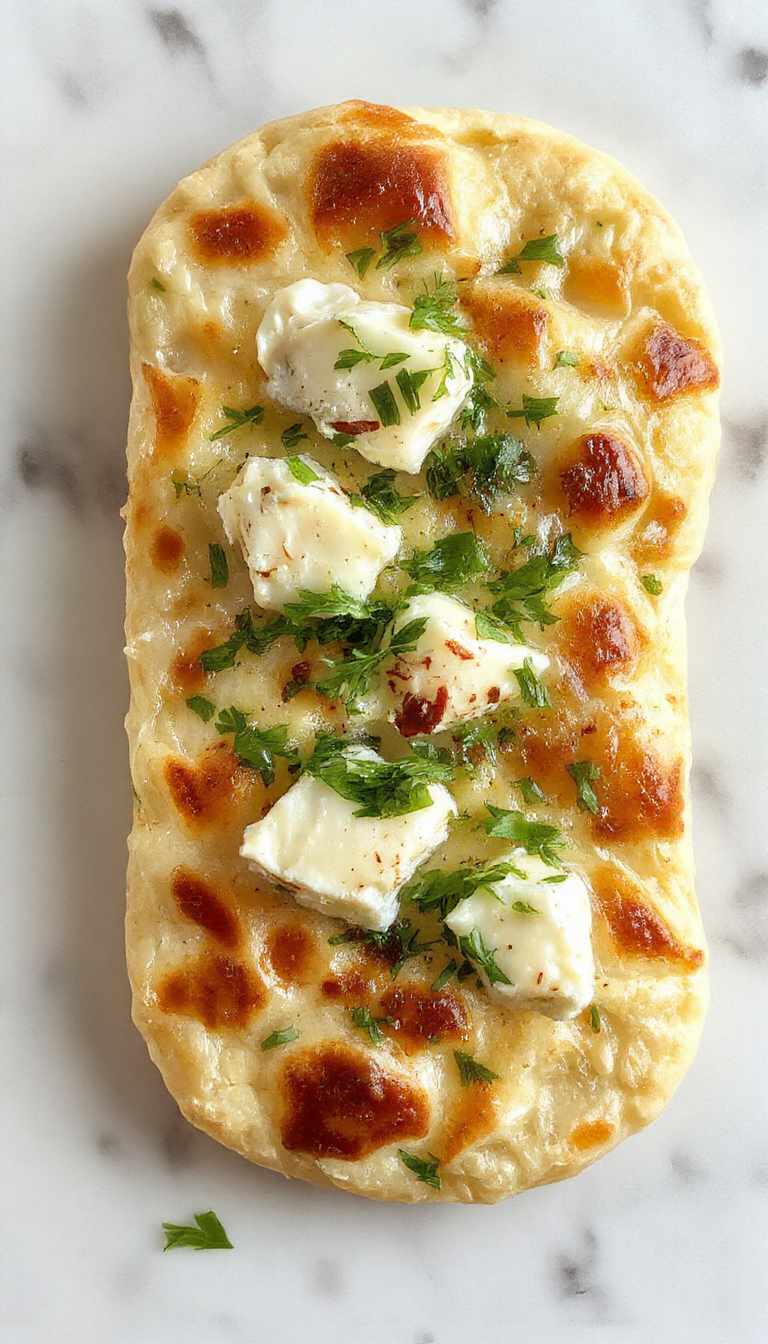 Golden-brown cottage cheese flatbread cut into triangular slices, showcasing its soft interior and slightly crispy crust. The flatbread is topped with a sprinkle of herbs and served on a rustic wooden board, with a side of fresh greens and a drizzle of olive oil, inviting a wholesome and appetizing appearance.