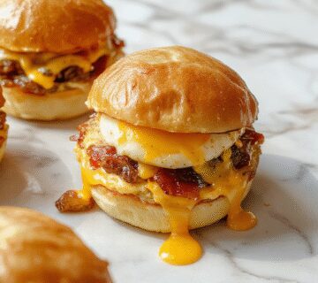 A close-up of three bacon egg and cheese sliders arranged on a white plate. Each slider has a toasted soft bun filled with crispy bacon, a fluffy scrambled egg, and melted cheese, topped with a small piece of bacon. The sliders are garnished with fresh herbs and appear steamed with the cheese slightly melted, showcasing a hearty and inviting breakfast presentation.