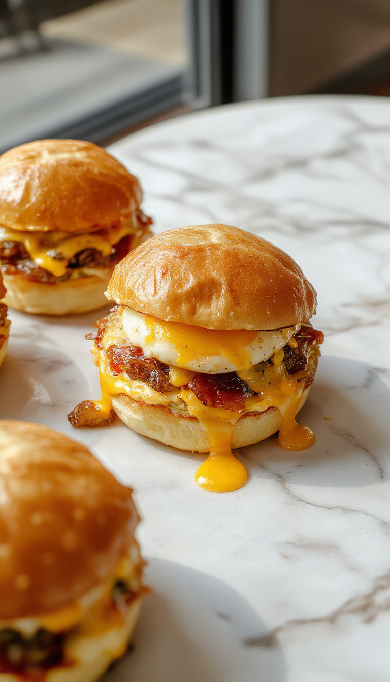 A close-up of three bacon egg and cheese sliders arranged on a white plate. Each slider has a toasted soft bun filled with crispy bacon, a fluffy scrambled egg, and melted cheese, topped with a small piece of bacon. The sliders are garnished with fresh herbs and appear steamed with the cheese slightly melted, showcasing a hearty and inviting breakfast presentation.