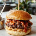 A juicy crack burger with a perfectly toasted bun, overflowing with melted cheese, crisp lettuce, tomato slices, and a thick beef patty, garnished with pickles and onion rings, served on a rustic wooden plate.