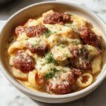 A close-up image of a plate of Creamy Parmesan Beef Rigatoni featuring large rigatoni pasta coated in a rich, creamy sauce with visible shredded parmesan cheese on top. The dish is garnished with freshly chopped parsley and slices of tender beef, arranged artfully on a white plate with a rustic wooden table background, highlighting the textures and appetizing presentation.
