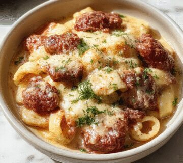 A close-up image of a plate of Creamy Parmesan Beef Rigatoni featuring large rigatoni pasta coated in a rich, creamy sauce with visible shredded parmesan cheese on top. The dish is garnished with freshly chopped parsley and slices of tender beef, arranged artfully on a white plate with a rustic wooden table background, highlighting the textures and appetizing presentation.