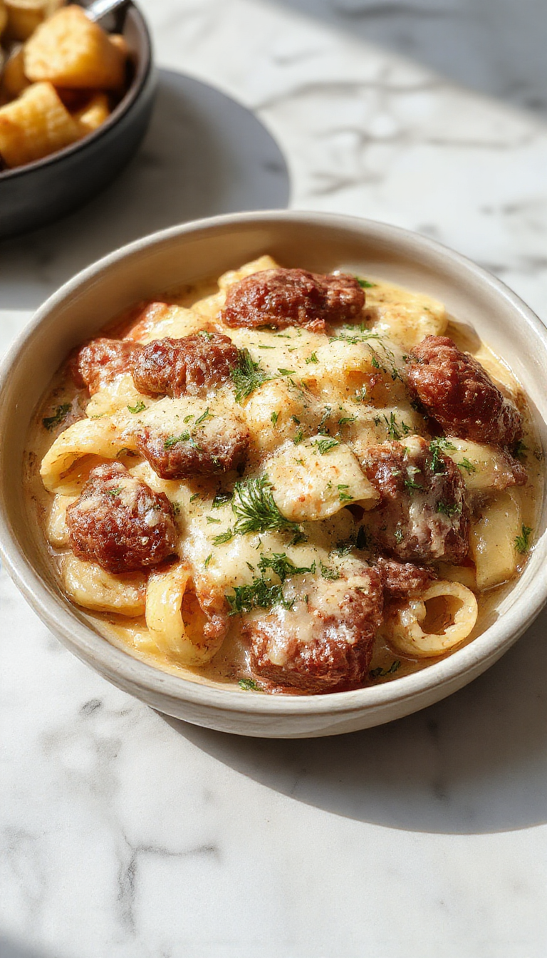 A close-up image of a plate of Creamy Parmesan Beef Rigatoni featuring large rigatoni pasta coated in a rich, creamy sauce with visible shredded parmesan cheese on top. The dish is garnished with freshly chopped parsley and slices of tender beef, arranged artfully on a white plate with a rustic wooden table background, highlighting the textures and appetizing presentation.
