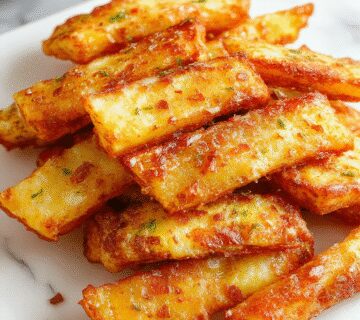 A close-up of golden-brown, crispy air fryer apple fries arranged on a rustic white plate, sprinkled with cinnamon sugar, with a few apple slices visible in the background, highlighting their crunchy texture and appealing color