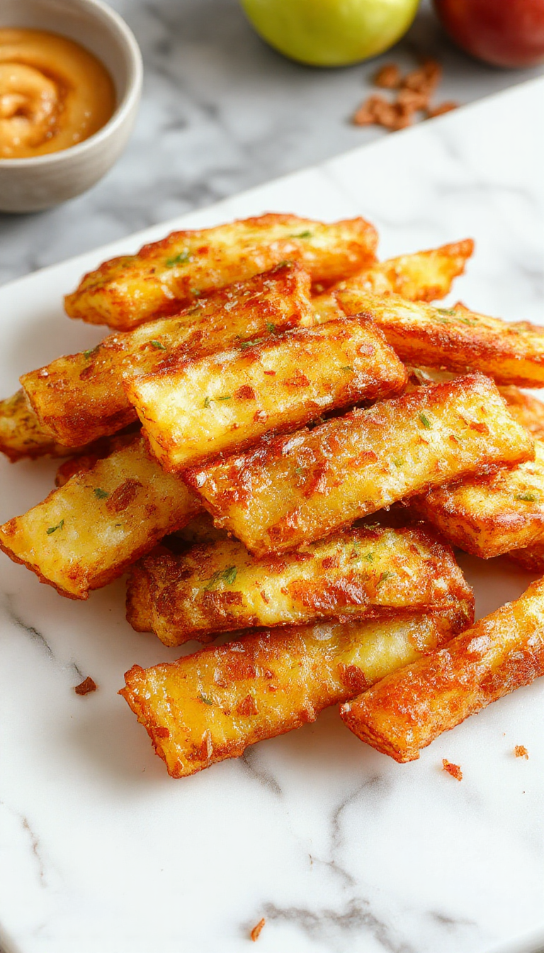 A close-up of golden-brown, crispy air fryer apple fries arranged on a rustic white plate, sprinkled with cinnamon sugar, with a few apple slices visible in the background, highlighting their crunchy texture and appealing color