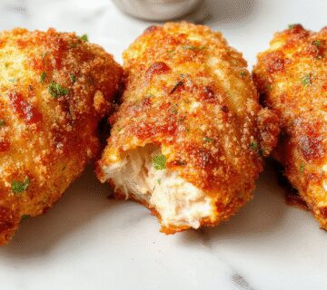 A close-up of golden-brown baked chicken tenders arranged on a white ceramic plate, light crispy coating visible, garnished with fresh herbs, with a side of dipping sauce in a small bowl, contrasting textures of crispy exterior and tender interior
