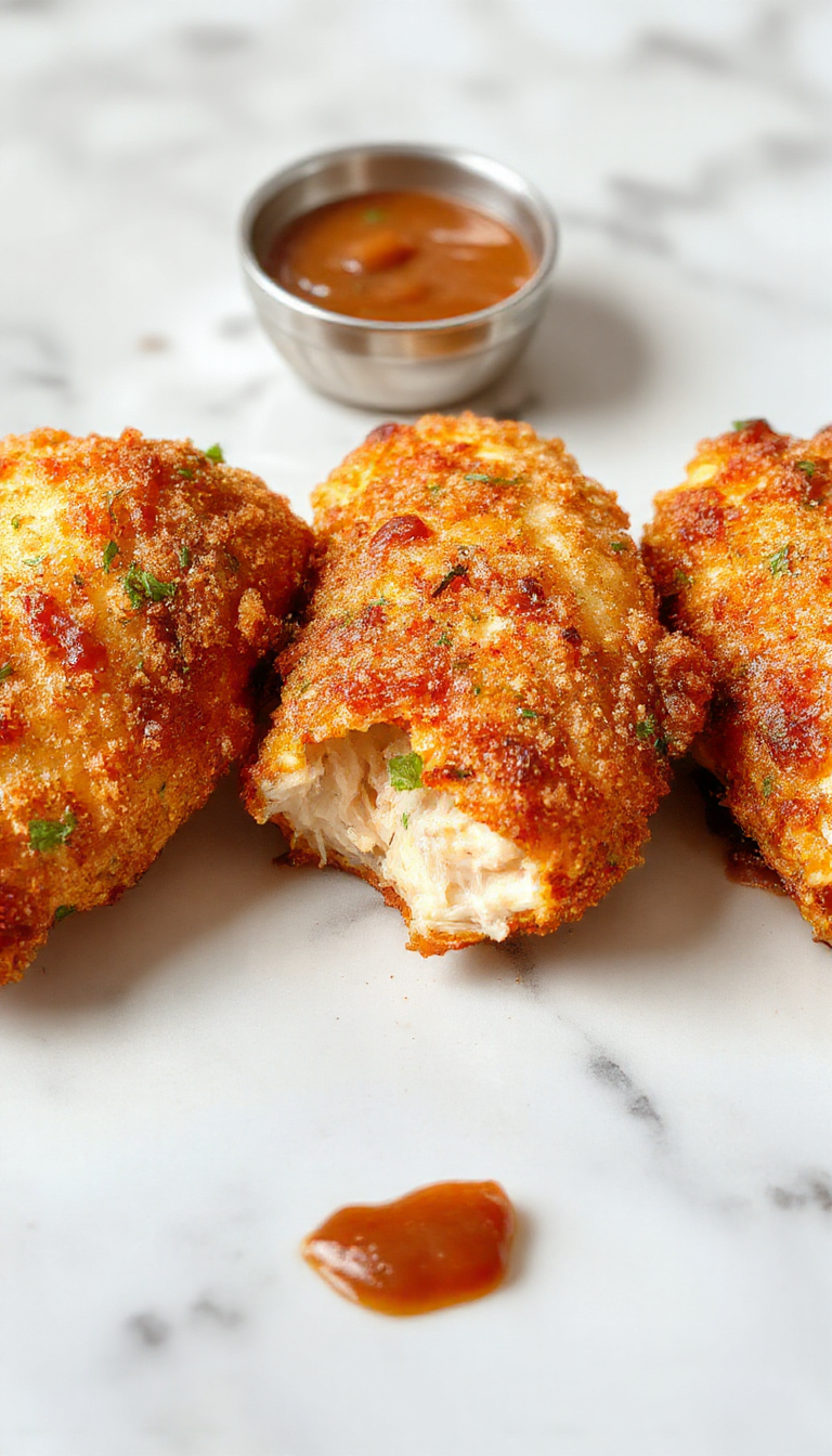 A close-up of golden-brown baked chicken tenders arranged on a white ceramic plate, light crispy coating visible, garnished with fresh herbs, with a side of dipping sauce in a small bowl, contrasting textures of crispy exterior and tender interior
