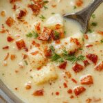 A rich, creamy bowl of crack potato soup garnished with shredded cheese, chopped green onions, and crispy bacon bits, served in a rustic white bowl on a wooden table with a spoon resting on the side.