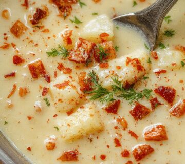 A rich, creamy bowl of crack potato soup garnished with shredded cheese, chopped green onions, and crispy bacon bits, served in a rustic white bowl on a wooden table with a spoon resting on the side.