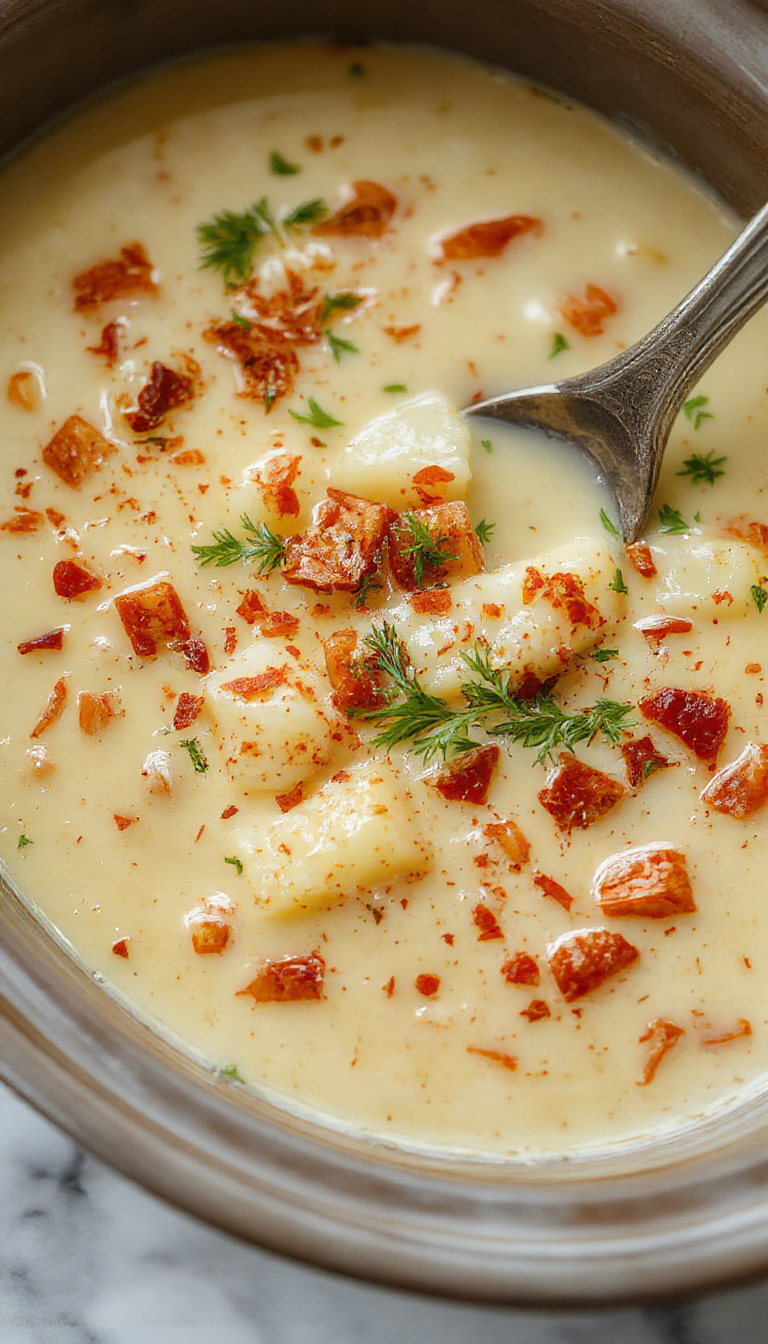 A rich, creamy bowl of crack potato soup garnished with shredded cheese, chopped green onions, and crispy bacon bits, served in a rustic white bowl on a wooden table with a spoon resting on the side.