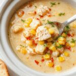 A steaming bowl of Crockpot Chicken Corn Chowder featuring tender shredded chicken, yellow corn kernels, and a creamy broth garnished with chopped herbs, served in a rustic white bowl on a wooden table with fresh ingredients and a soup spoon nearby.