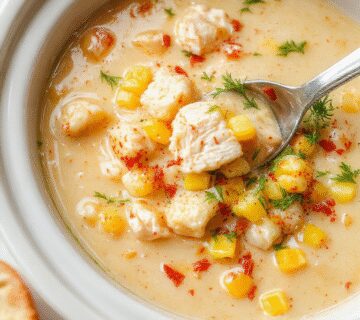 A steaming bowl of Crockpot Chicken Corn Chowder featuring tender shredded chicken, yellow corn kernels, and a creamy broth garnished with chopped herbs, served in a rustic white bowl on a wooden table with fresh ingredients and a soup spoon nearby.