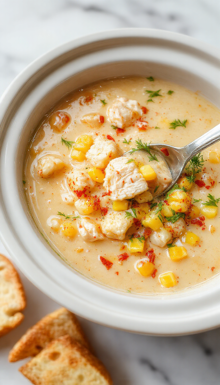 A steaming bowl of Crockpot Chicken Corn Chowder featuring tender shredded chicken, yellow corn kernels, and a creamy broth garnished with chopped herbs, served in a rustic white bowl on a wooden table with fresh ingredients and a soup spoon nearby.