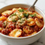 A rustic ceramic crockpot with a layered ravioli lasagna inside, topped with melted cheese and fresh basil leaves, steam rising slightly. The dish displays golden-brown edges with visible ravioli layers, vibrant red marinara sauce, and gooey cheese crust, all presented with a warm, inviting atmosphere.