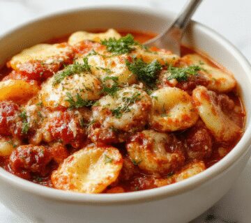 A rustic ceramic crockpot with a layered ravioli lasagna inside, topped with melted cheese and fresh basil leaves, steam rising slightly. The dish displays golden-brown edges with visible ravioli layers, vibrant red marinara sauce, and gooey cheese crust, all presented with a warm, inviting atmosphere.