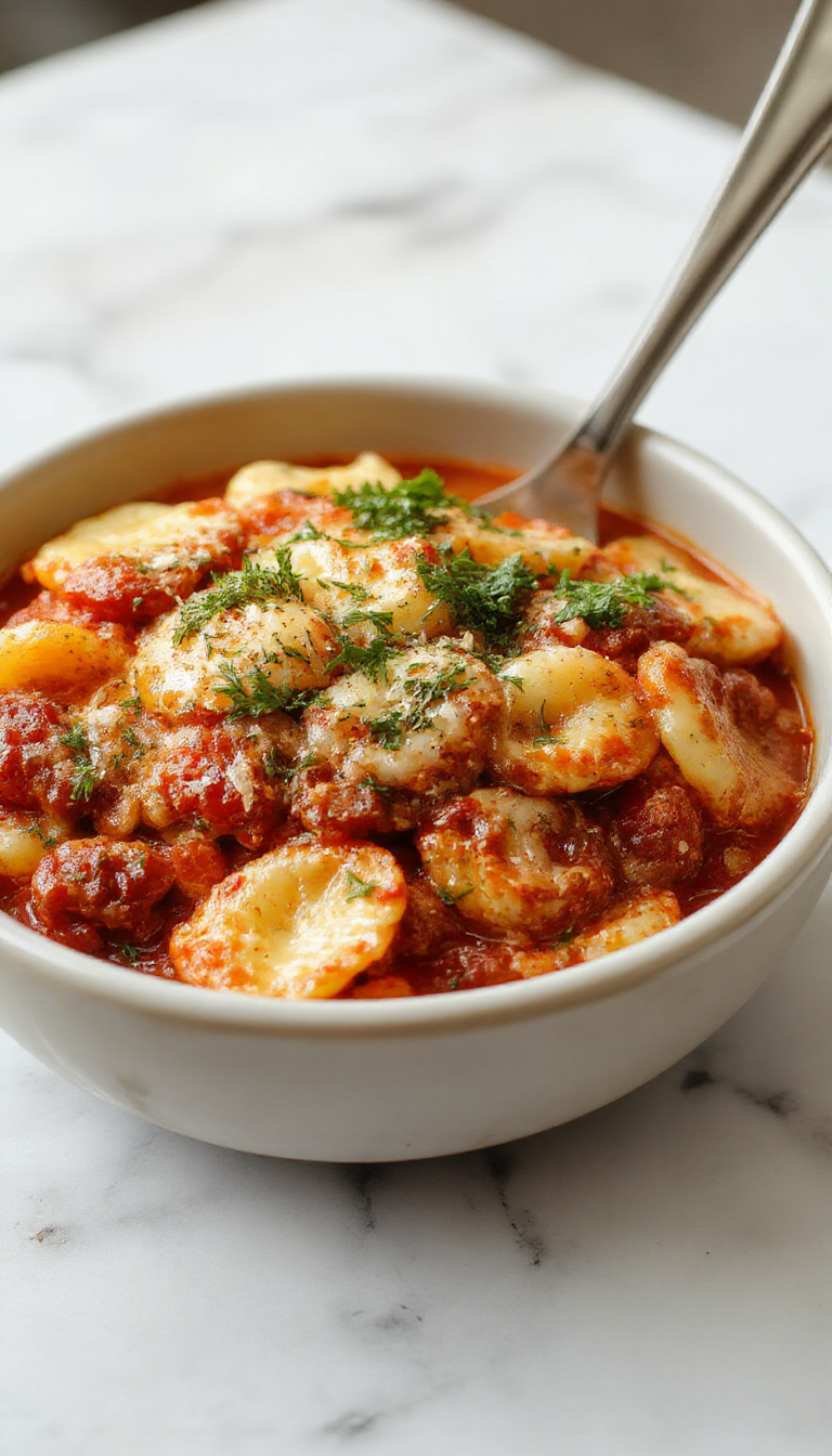 A rustic ceramic crockpot with a layered ravioli lasagna inside, topped with melted cheese and fresh basil leaves, steam rising slightly. The dish displays golden-brown edges with visible ravioli layers, vibrant red marinara sauce, and gooey cheese crust, all presented with a warm, inviting atmosphere.
