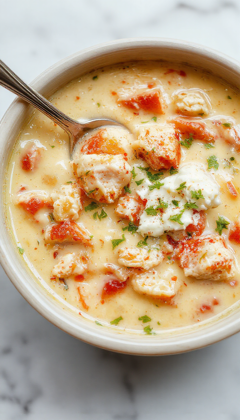 A bowl of creamy white chicken chili garnished with chopped cilantro and shredded cheese, served alongside a toasted bread roll. The chili's surface is smooth and slightly bubbly, with tender chunks of chicken and white beans visible beneath the creamy broth. The presentation is on a rustic wooden table with a spoon resting nearby, evoking warmth and comfort.