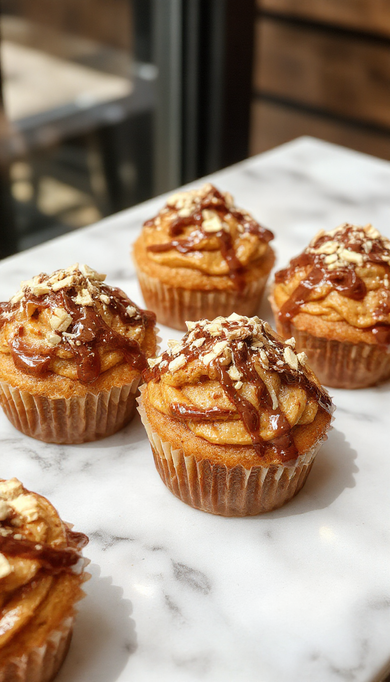 A close-up of a tray of vibrant orange pumpkin cupcakes topped with glossy chocolate ganache and sprinkled with tiny chocolate chips. The cupcakes are arranged neatly on a rustic wooden surface, with a few decorated with small pumpkin-shaped fondant toppers. The frosting appears smooth and creamy, contrasting beautifully with the textured chocolate chips and the bright orange of the cupcakes.