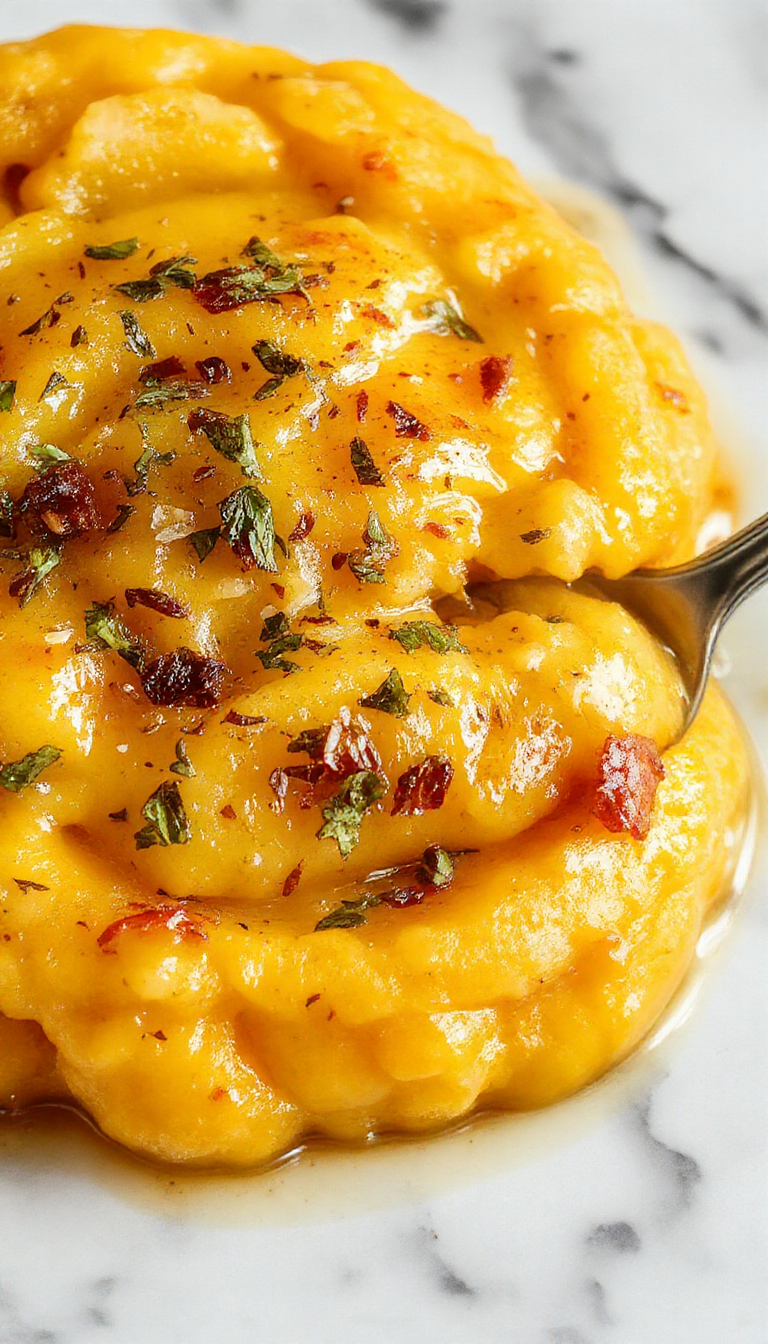 A rustic, golden-brown loaf of pumpkin sourdough bread sits on a wooden cutting board, complemented by a small bowl of pumpkin puree, and garnished with a sprinkle of cinnamon. The bread's crust is textured and chewy, with a visible swirl of pumpkin and spices inside, and fresh pumpkin leaves and seeds decorate the scene, all set against a cozy, warmly lit kitchen background.