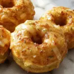 Una bandeja de donas de calabaza horneadas con una cobertura caramelizada, decoradas con espolvoreo de azúcar y una pizca de especias como canela. La presentación muestra donas doradas y esponjosas en diferentes ángulos, resaltando su textura suave y el glaseado brillante, con un fondo cálido y festivo que evoca la temporada de Halloween.