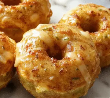 Una bandeja de donas de calabaza horneadas con una cobertura caramelizada, decoradas con espolvoreo de azúcar y una pizca de especias como canela. La presentación muestra donas doradas y esponjosas en diferentes ángulos, resaltando su textura suave y el glaseado brillante, con un fondo cálido y festivo que evoca la temporada de Halloween.
