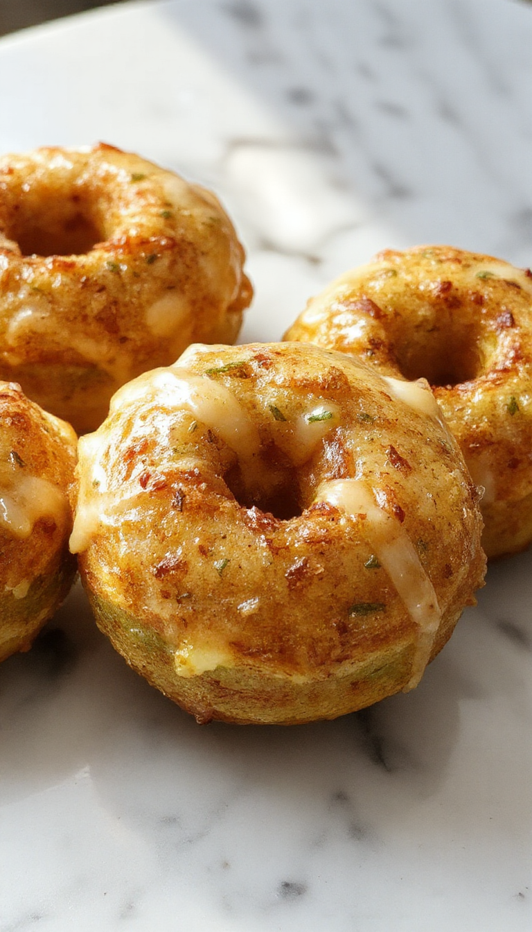 Una bandeja de donas de calabaza horneadas con una cobertura caramelizada, decoradas con espolvoreo de azúcar y una pizca de especias como canela. La presentación muestra donas doradas y esponjosas en diferentes ángulos, resaltando su textura suave y el glaseado brillante, con un fondo cálido y festivo que evoca la temporada de Halloween.
