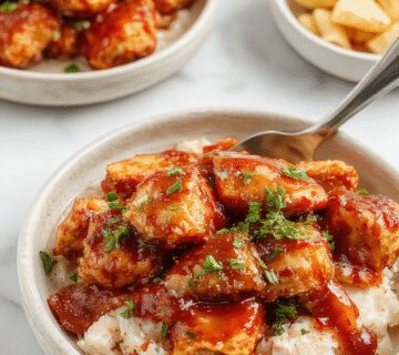 A bubbling crockpot filled with tender, glazed chicken pieces coated in a shiny, caramelized teriyaki sauce. The chicken is topped with sesame seeds and sliced green onions, with a side of steamed rice and colorful vegetables in the background, creating an inviting and appetizing scene.