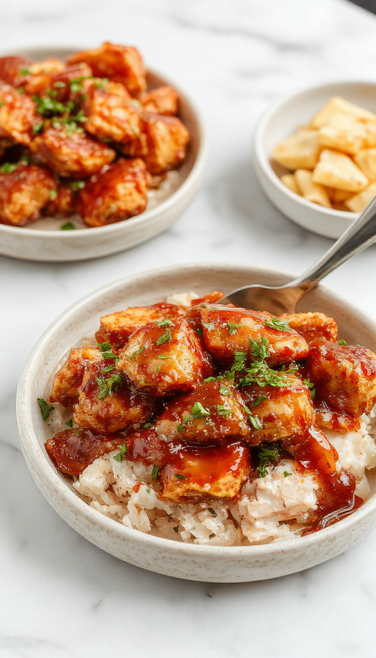 A bubbling crockpot filled with tender, glazed chicken pieces coated in a shiny, caramelized teriyaki sauce. The chicken is topped with sesame seeds and sliced green onions, with a side of steamed rice and colorful vegetables in the background, creating an inviting and appetizing scene.