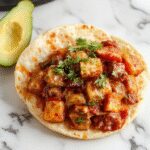 A vibrant plate of crockpot fajitas featuring sliced grilled chicken, colorful bell peppers in red, yellow, and green, and sizzling onions all neatly arranged on a warm tortilla. Garnished with fresh cilantro and lime wedges, the dish is highlighted against a rustic wooden table, with a side of salsa and sour cream visible in small bowls.