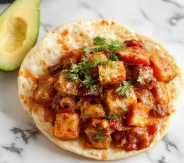 A vibrant plate of crockpot fajitas featuring sliced grilled chicken, colorful bell peppers in red, yellow, and green, and sizzling onions all neatly arranged on a warm tortilla. Garnished with fresh cilantro and lime wedges, the dish is highlighted against a rustic wooden table, with a side of salsa and sour cream visible in small bowls.