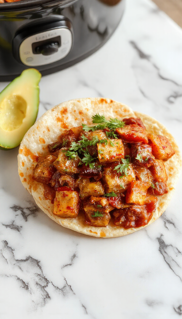 A vibrant plate of crockpot fajitas featuring sliced grilled chicken, colorful bell peppers in red, yellow, and green, and sizzling onions all neatly arranged on a warm tortilla. Garnished with fresh cilantro and lime wedges, the dish is highlighted against a rustic wooden table, with a side of salsa and sour cream visible in small bowls.