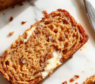 A slice of Greek yogurt banana bread on a rustic wooden plate, showcasing a golden-brown crust and moist interior dotted with banana slices and a swirl of yogurt texture, garnished with a few banana slices and a sprig of mint for contrast.