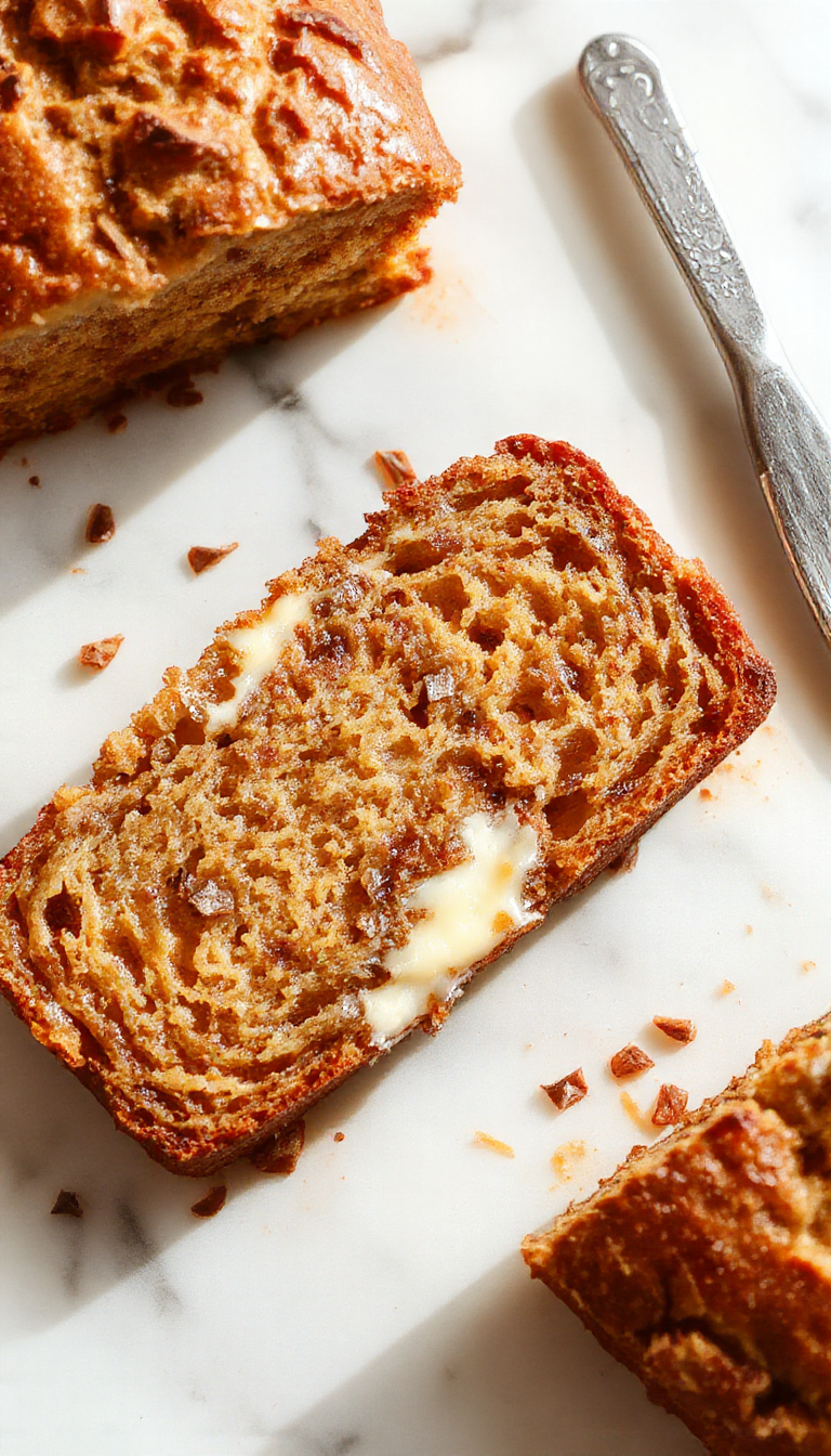 A slice of Greek yogurt banana bread on a rustic wooden plate, showcasing a golden-brown crust and moist interior dotted with banana slices and a swirl of yogurt texture, garnished with a few banana slices and a sprig of mint for contrast.