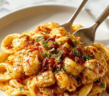A vibrant plate of honey pepper chicken pasta featuring golden noodles topped with tender, sliced chicken pieces coated in a glossy, spicy honey glaze. Garnished with freshly chopped herbs and cracked black pepper, the dish is presented on a rustic white plate with a sprinkle of fresh herbs around the edges. The background shows a wooden table with ingredients like honey, peppercorns, and herbs, highlighting the homemade, savory appeal.