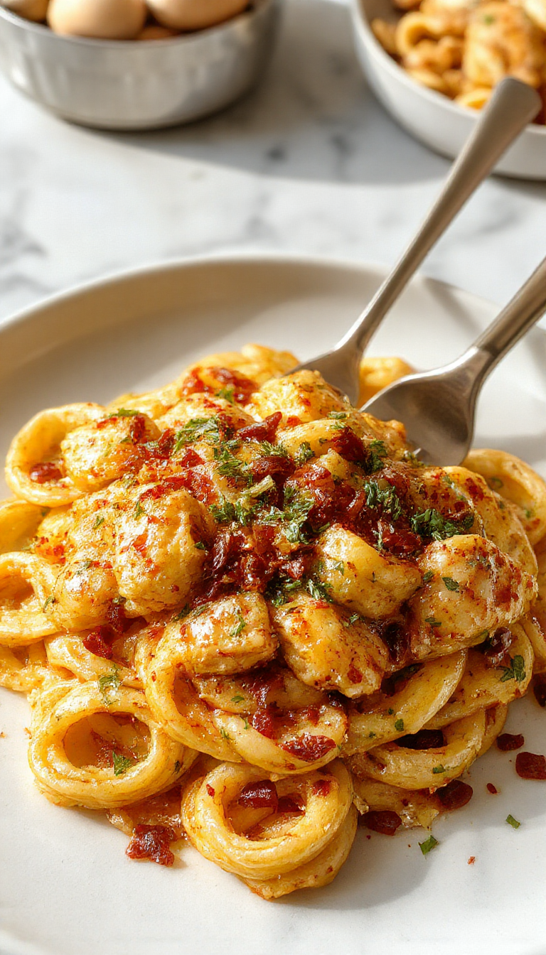 A vibrant plate of honey pepper chicken pasta featuring golden noodles topped with tender, sliced chicken pieces coated in a glossy, spicy honey glaze. Garnished with freshly chopped herbs and cracked black pepper, the dish is presented on a rustic white plate with a sprinkle of fresh herbs around the edges. The background shows a wooden table with ingredients like honey, peppercorns, and herbs, highlighting the homemade, savory appeal.
