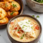 Un tazón hondo lleno de Chili Blanco de Pollo de color cremoso y suave, con trozos de pollo y frijoles blancos cubiertos con queso crema fundido. La presentación es sencilla y casera, con un toque cálido, sobre un fondo de madera clara y decorado con un poco de perejil fresco picado.