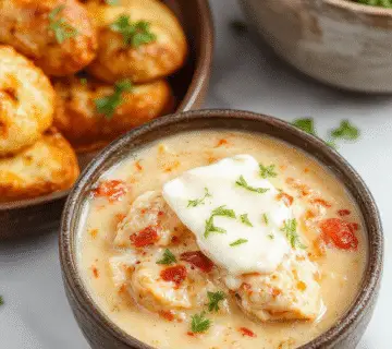 Un tazón hondo lleno de Chili Blanco de Pollo de color cremoso y suave, con trozos de pollo y frijoles blancos cubiertos con queso crema fundido. La presentación es sencilla y casera, con un toque cálido, sobre un fondo de madera clara y decorado con un poco de perejil fresco picado.