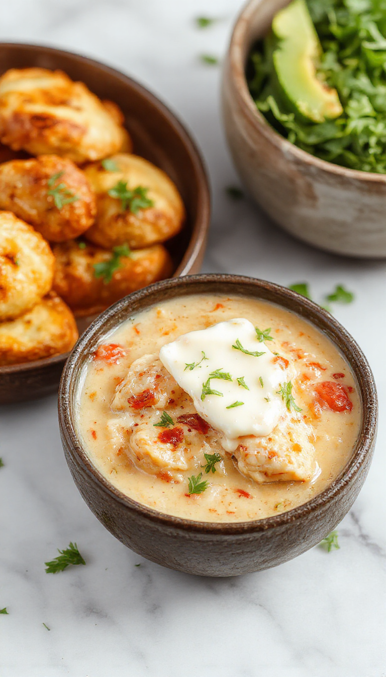 Un tazón hondo lleno de Chili Blanco de Pollo de color cremoso y suave, con trozos de pollo y frijoles blancos cubiertos con queso crema fundido. La presentación es sencilla y casera, con un toque cálido, sobre un fondo de madera clara y decorado con un poco de perejil fresco picado.