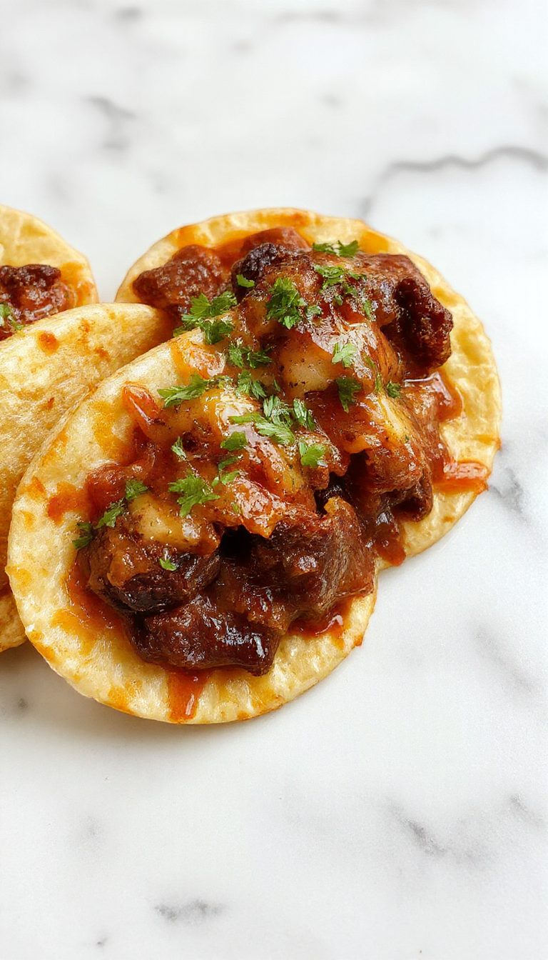 Plato de tacos de birria mexicanos con carne jugosa y tostada, servidos en tortillas doradas y curvadas, acompañados de cilantro y cebolla fresca, con un tazón de consomé caliente a un lado, todo presentado sobre una tabla de madera rústica.