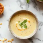 Un tazón blanco lleno de sopa cremosa de coliflor con un color beige suave, adornado con un toque de perejil fresco picado en la parte superior. La sopa tiene una textura espesa y sedosa, con trozos pequeños de coliflor visible y un brillo apetitoso. A su lado, una cuchara de metal junto a un paño de lino suave y claro, en un ambiente de cocina cálida y acogedora con fondo desenfocado que resalta la presentación del plato.