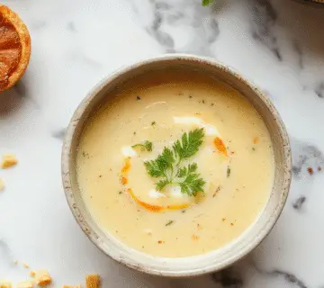 Un tazón blanco lleno de sopa cremosa de coliflor con un color beige suave, adornado con un toque de perejil fresco picado en la parte superior. La sopa tiene una textura espesa y sedosa, con trozos pequeños de coliflor visible y un brillo apetitoso. A su lado, una cuchara de metal junto a un paño de lino suave y claro, en un ambiente de cocina cálida y acogedora con fondo desenfocado que resalta la presentación del plato.